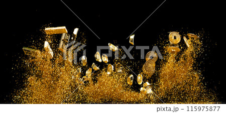 Gold Ingot Chinese Money bar token fly with dust particle in air. Chinese new year Yuanbao gold bar floating to golden money sand particle. Language is wealthy prosperity. Black background isolated Gold Ingot Chinese Money bar token fly with dust particle in air. Chinese new year Yuanbao gold bar floating to golden money sand particle. Language is wealthy prosperity. Black background isolated 115975877