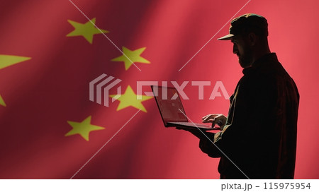Chinese air defense operator using radar system on laptop to detect intercontinental ballistic missiles. CCP red army soldier scanning rockets approaching borders, isolated over China flag, camera A 115975954