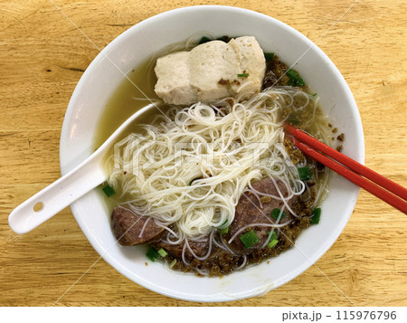 Top view of delicious Pork Soup Noodle. Asian food concept 115976796