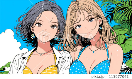 ビキニを着て南の島を散策中の若い女性