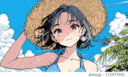 ビキニを着て南の島を散策中の若い女性