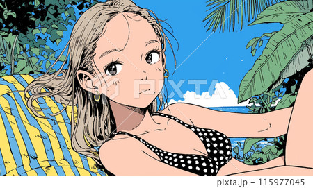 ビーチマット横たわるビキニを着た女性