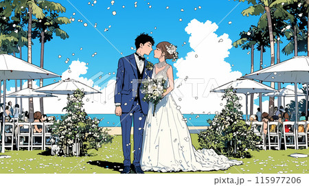 海辺で結婚式を挙げている若い男女