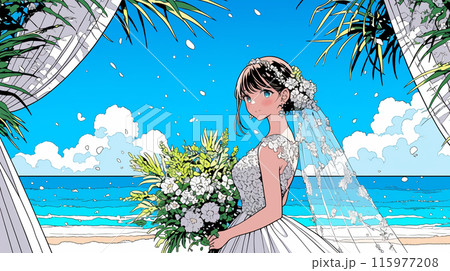 海辺で結婚式を挙げている若い花嫁