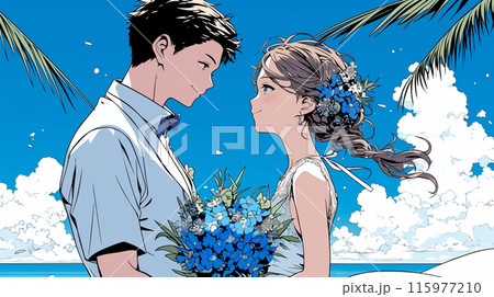 海辺で結婚式を挙げている若い男女