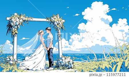 海辺で結婚式を挙げている若い男女