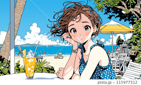 海辺の喫茶レストランで飲み物を飲んでいる若い女性