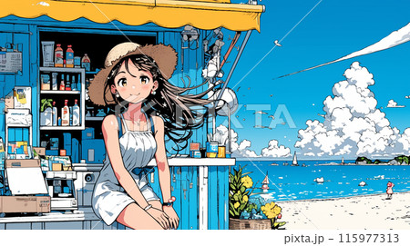 海辺の喫茶レストランで飲み物を飲んでいる若い女性