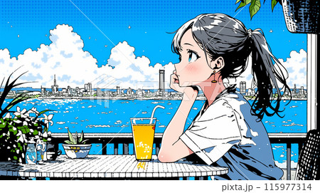海辺の喫茶レストランで飲み物を飲んでいる若い女性