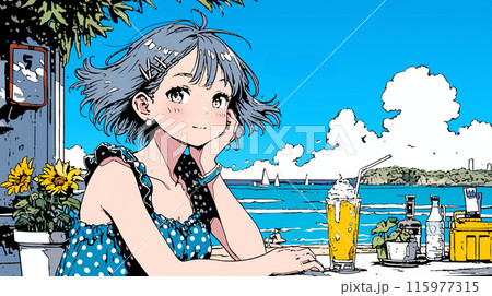 海辺の喫茶レストランで飲み物を飲んでいる若い女性