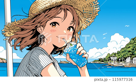 海辺の喫茶レストランで飲み物を飲んでいる若い女性