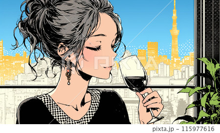 ワインを飲んでいる女性：東京都心のラウンジで