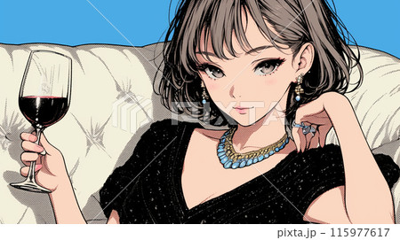 ワインを飲んでいる女性：ラウンジのソファで