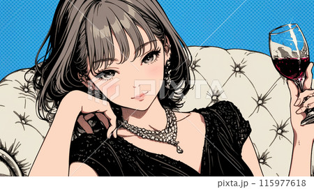 ワインを飲んでいる女性：ラウンジのソファで
