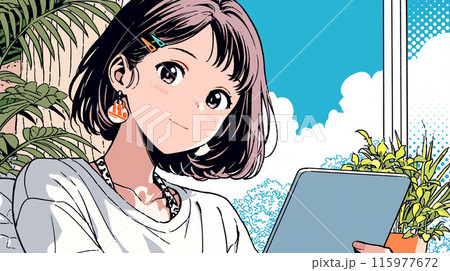 沖縄の海辺のオフィスでタブレットを操作している若い女性