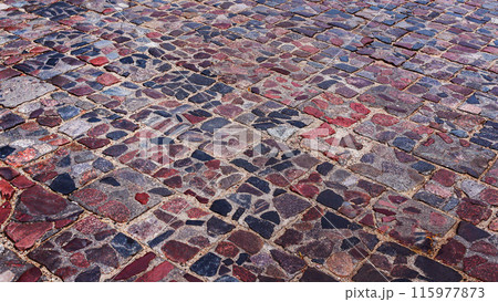 Old, grunge red, brown paving stones. 115977873