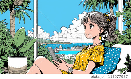 沖縄の海辺でスマートフォン・タブレットを操作している若い女性