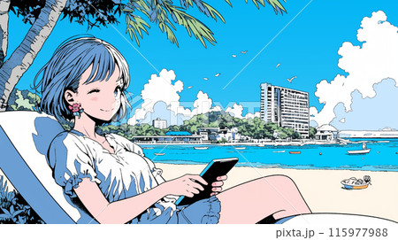 沖縄の海辺でスマートフォン・タブレットを操作している若い女性