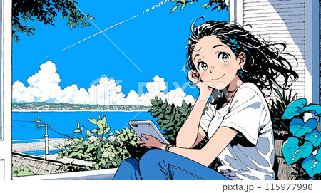 沖縄の海辺でスマートフォン・タブレットを操作している若い女性