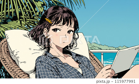 沖縄の海辺でスマートフォン・タブレットを操作している若い女性