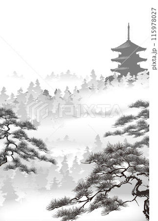 松　霞　五重塔　墨 115978027