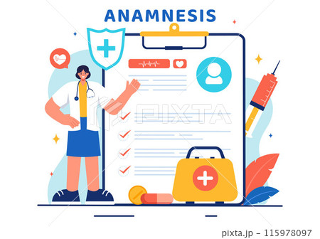 Vector Illustration of an Anamnesis System Providing Information About Diseases and Healthcare Databases in a Flat Style Cartoon Background 115978097