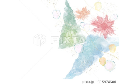 アルコールインクアートバナー。白背景に赤とオレンジの花と二つの三角形と金色グリッター アルコールインクアートバナー。白背景に赤とオレンジの花と二つの三角形と金色グリッター 115978306