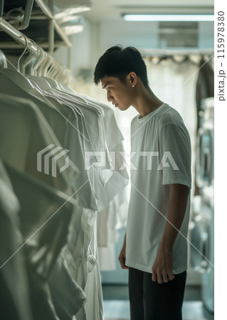 A man is looking at a rack of white clothes 115978380