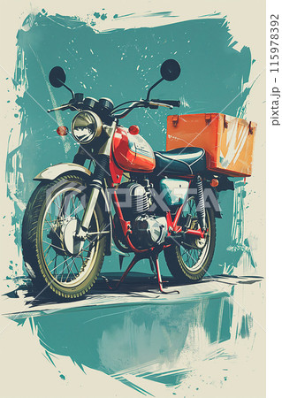 A red motorcycle with a black seat and orange box on the back A red motorcycle with a black seat and orange box on the back 115978392