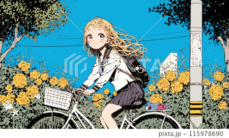 青空の下、自転車に乗る若い女性