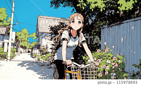 青空の下、自転車に乗る若い女性：備前市日生町の風景