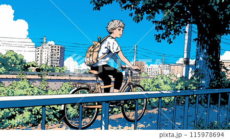 青空の下、自転車に乗る若い男性