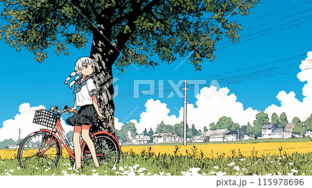 青空の下、自転車に乗る若い女性