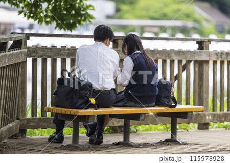公園のベンチに座る仲良し高校生男女 115978928