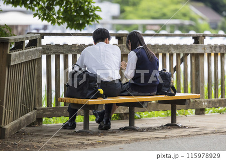 公園のベンチに座る仲良し高校生男女 115978929