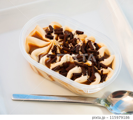 Large portion of ice cream packed in disposable container Large portion of ice cream packed in disposable container 115979186