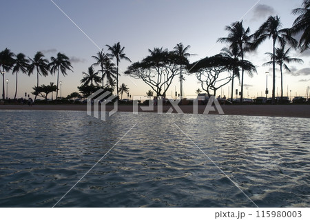 ハワイの海の中から眺めるビーチの夕焼け ハワイの海の中から眺めるビーチの夕焼け 115980003