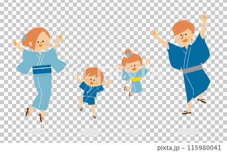 Japanese summer festival Bon Odori dance illustration of a family jumping in yukata 115980041
