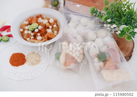 Meatballs with Peanut Crackers as a Background Meatballs with Peanut Crackers as a Background 115980502
