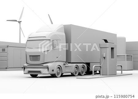 水素ステーションに水素ガスを充てん中のFCV燃料電池トラックのクレイレンダリングイメージ。 水素ステーションに水素ガスを充てん中のFCV燃料電池トラックのクレイレンダリングイメージ。 115980754