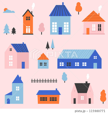 Small cute house seamless pattern. Cartoon village town repeated texture. Doodle cosy tiny little cottages background. Repeating suburban town houses and trees wallpaper. Vector illustration 115980771