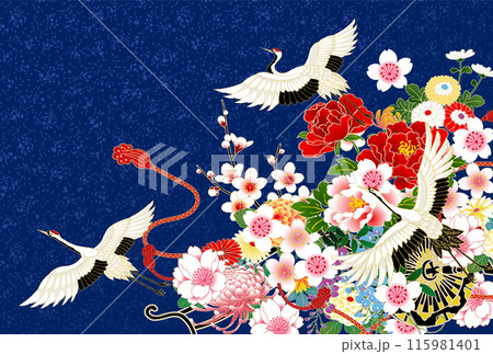 鶴　花車　和柄　紺 115981401
