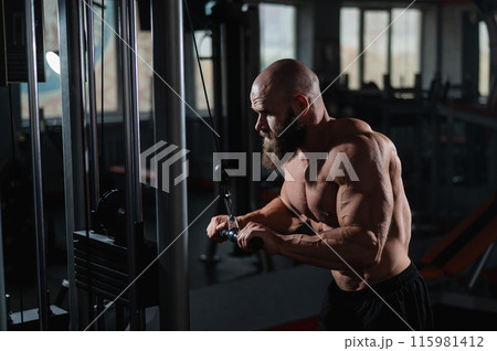 Bald Caucasian Bodybuilder doing heavy triceps exercises with cable. Bald Caucasian Bodybuilder doing heavy triceps exercises with cable. 115981412