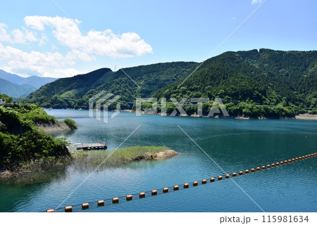 神奈川県愛川町　宮ヶ瀬ダム湖と山並み 115981634