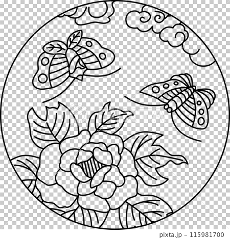 Line drawing circular Hanafuda Minazuki Peony Butterfly June Peony and butterfly Line drawing circular Hanafuda Minazuki Peony Butterfly June Peony and butterfly 115981700