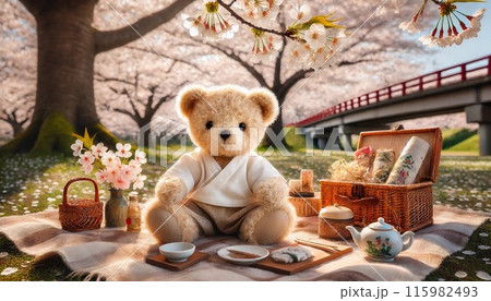 桜の木の下でお花見を楽しむ可愛い熊 115982493
