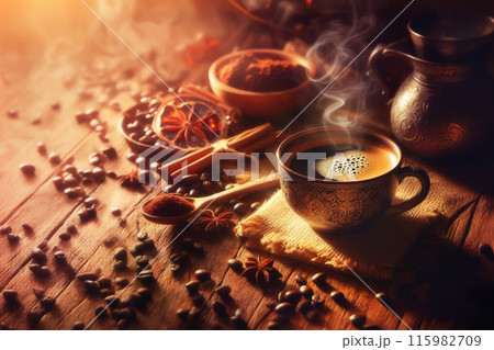 Hot black coffee in a cup with morning time and brewing ingredients Hot black coffee in a cup with morning time and brewing ingredients 115982709