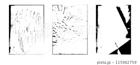 Halftone rough grunge paper collection. Aged pixelated texture overlay set. Old worn scratched crumpled background. Dirt grainy distressed wallpaper for poster, vinyl cover, frame, banner. Vector pack 115982759