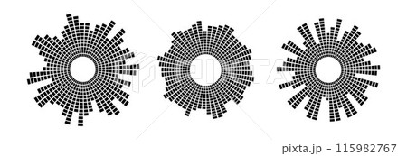 Black radial sound wave pattern set. Circular audio, music or voice icon collection. Round wavy equalizer spectrum symbol pack. Circle sunburst bundle. Vector soundwave element illustration 115982767