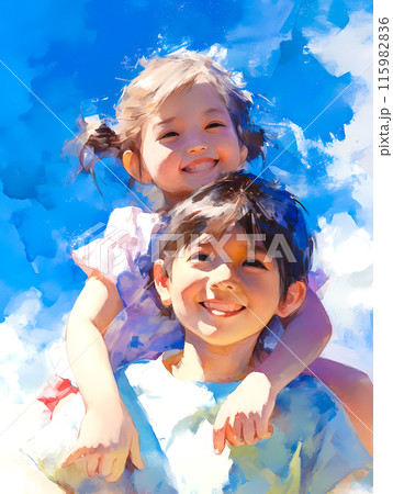 幼い妹をおんぶしている兄-2 115982836